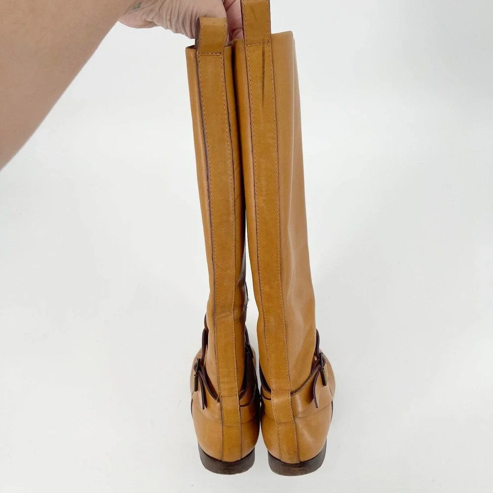 Etro‎ Leather Knee High Riding Boots US8 EU38 Camel Brown Buckle Strap Side Zip